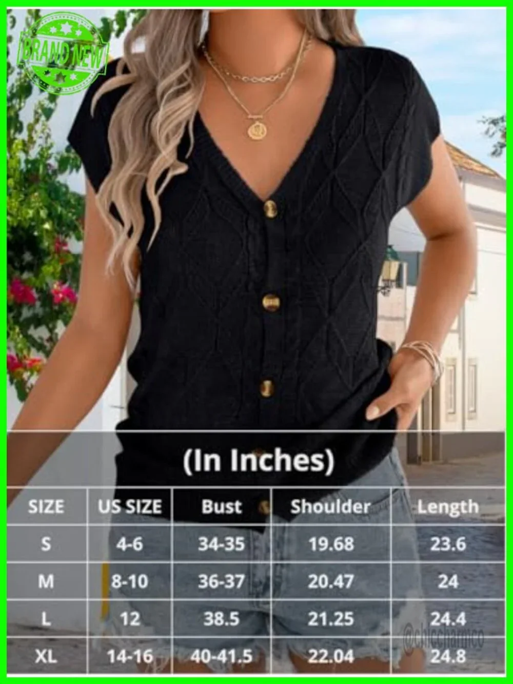 Cap Sleeve V Neck Argyle Cable Knit Button Down Sweater Vest Cardigan Top